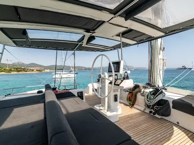 Cockpit of Big Mama, a Lagoon 52F catamaran at Olbia, Italy
