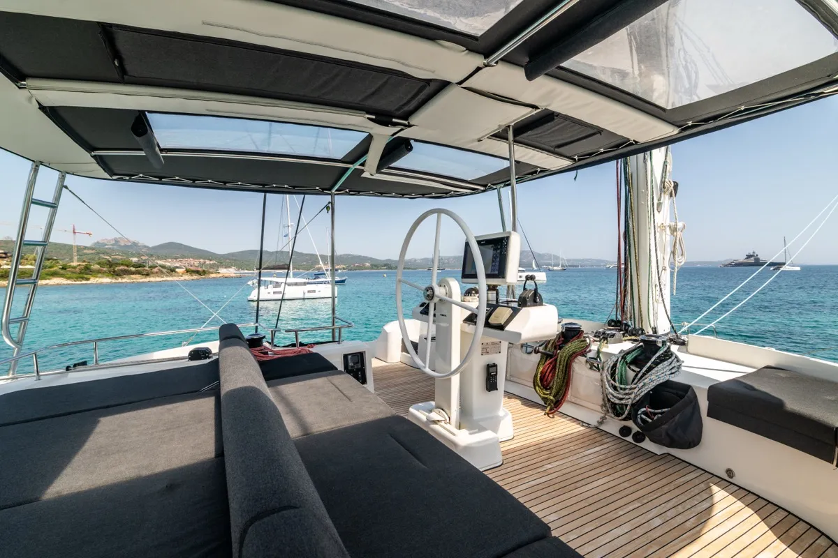 Cockpit of Big Mama, a Lagoon 52F catamaran at Olbia, Italy