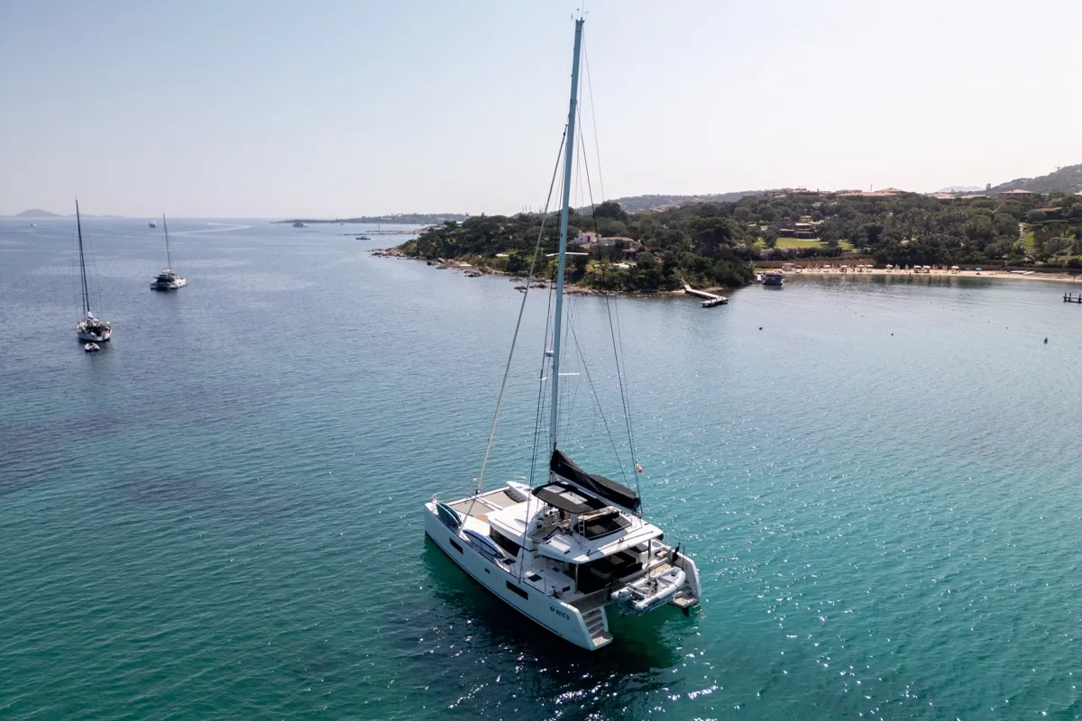 Exterior view of Big Mama, a Lagoon 52F catamaran at Olbia, Italy