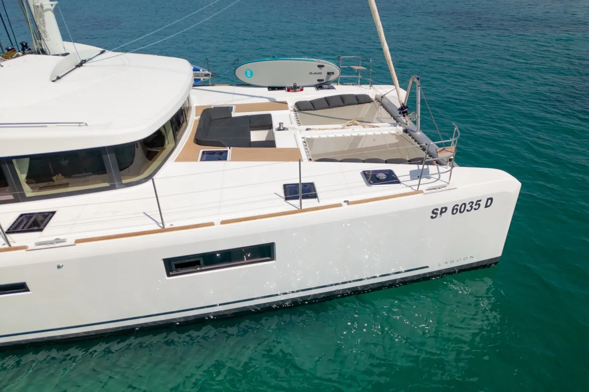 Deck of Big Mama, a Lagoon 52F catamaran at Olbia, Italy