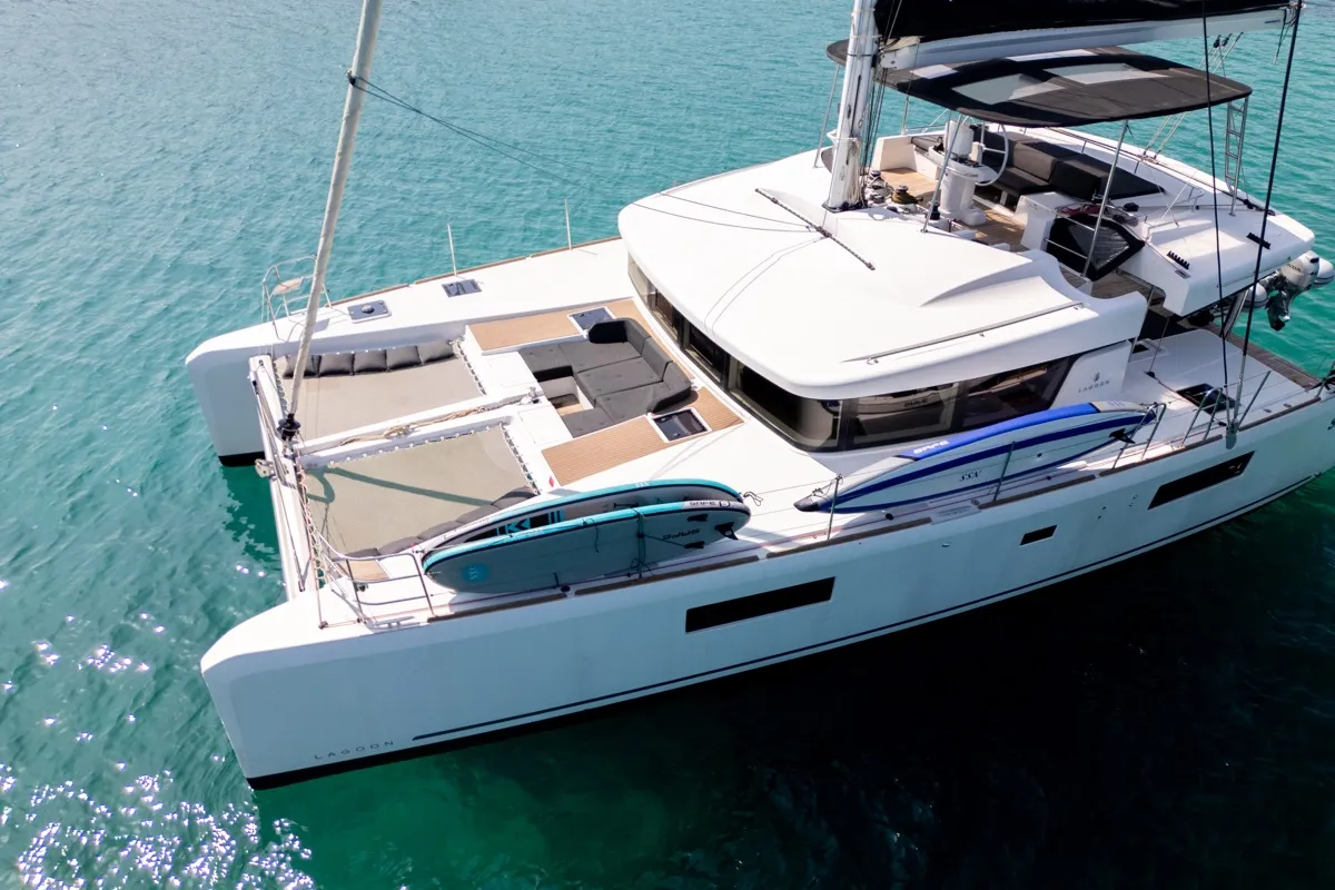 Exterior view of Big Mama, a Lagoon 52F catamaran at Olbia, Italy