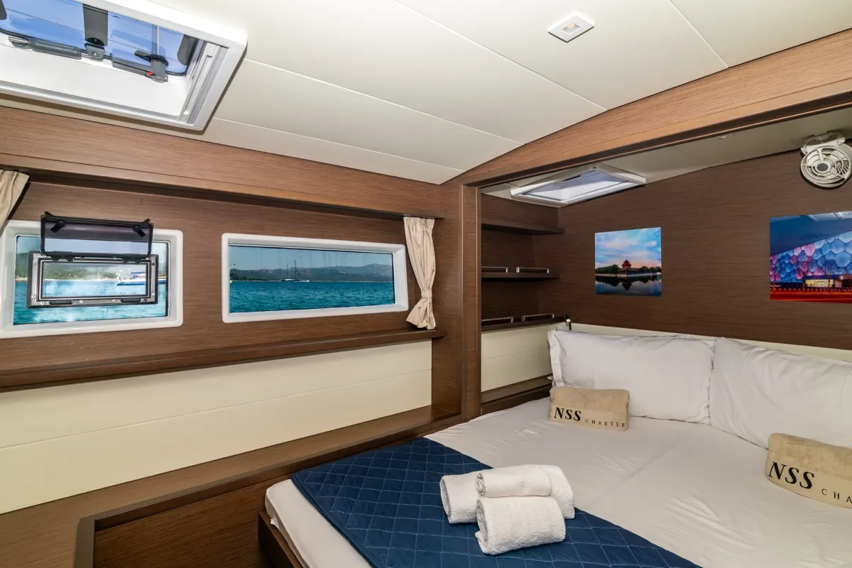 Cabin on Big Mama, a Lagoon 52F catamaran at Olbia, Italy