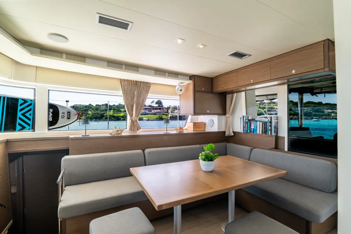 Salon of Big Mama, a Lagoon 52F catamaran at Olbia, Italy