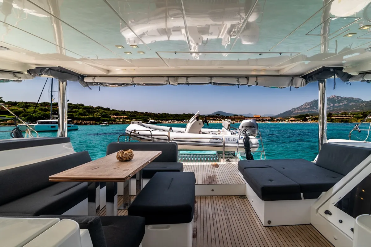 Deck of Big Mama, a Lagoon 52F catamaran at Olbia, Italy