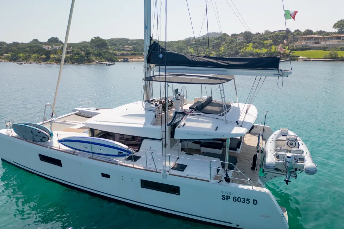 Exterior view of Big Mama, a Lagoon 52F catamaran at Olbia, Italy