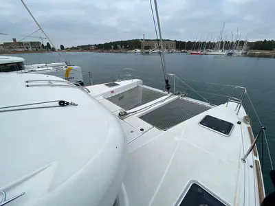 Deck of NIRVANA, a Lagoon 39 catamaran at Grad Pula, Croatia