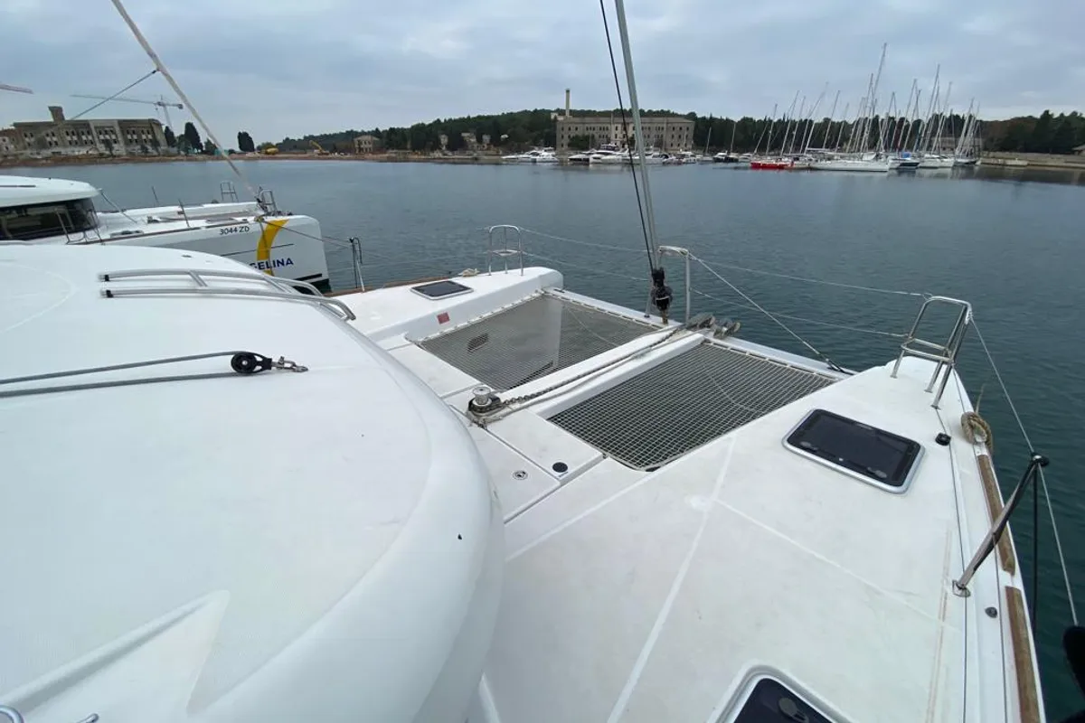 Deck of NIRVANA, a Lagoon 39 catamaran at Grad Pula, Croatia