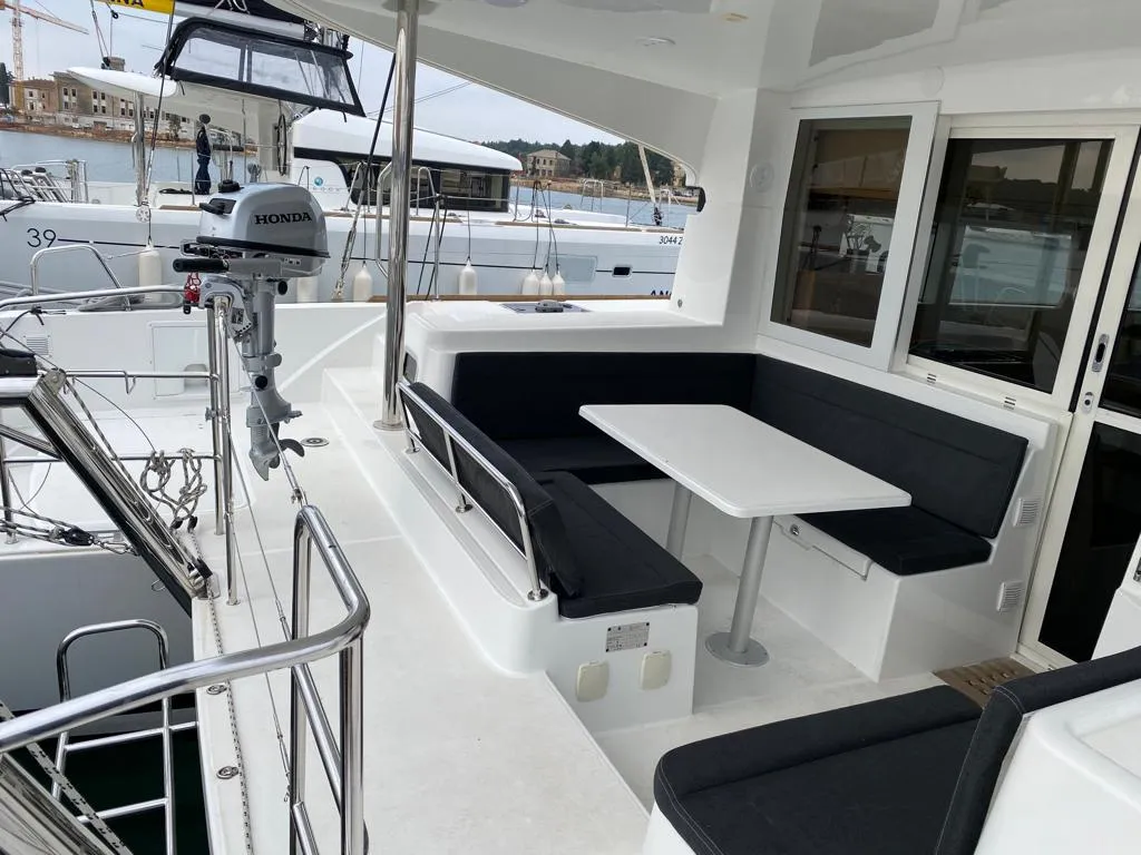 Deck of NIRVANA, a Lagoon 39 catamaran at Grad Pula, Croatia