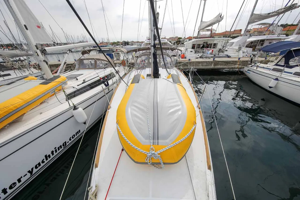 Deck of Polly Fun, a Jeanneau Sun Odyssey 349 sailboat at Jezera, Croatia