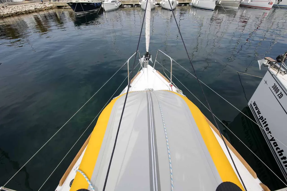 Deck of Polly Fun, a Jeanneau Sun Odyssey 349 sailboat at Jezera, Croatia