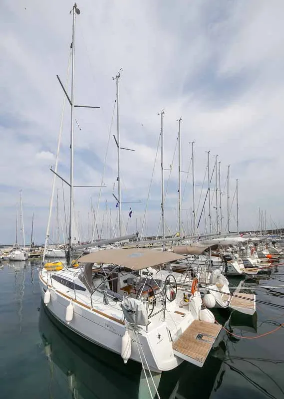 Exterior view of Polly Fun, a Jeanneau Sun Odyssey 349 sailboat at Jezera, Croatia