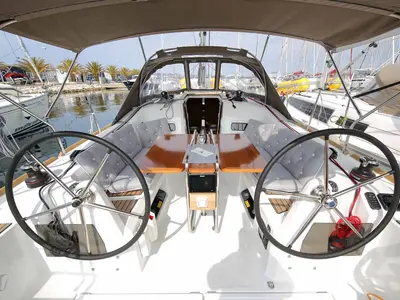 Cockpit of Polly Fun, a Jeanneau Sun Odyssey 349 sailboat at Jezera, Croatia