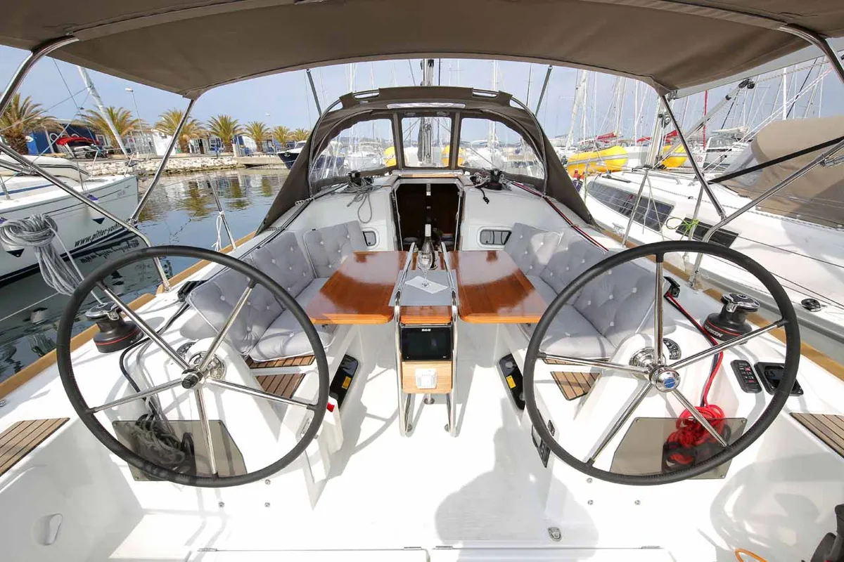Cockpit of Polly Fun, a Jeanneau Sun Odyssey 349 sailboat at Jezera, Croatia