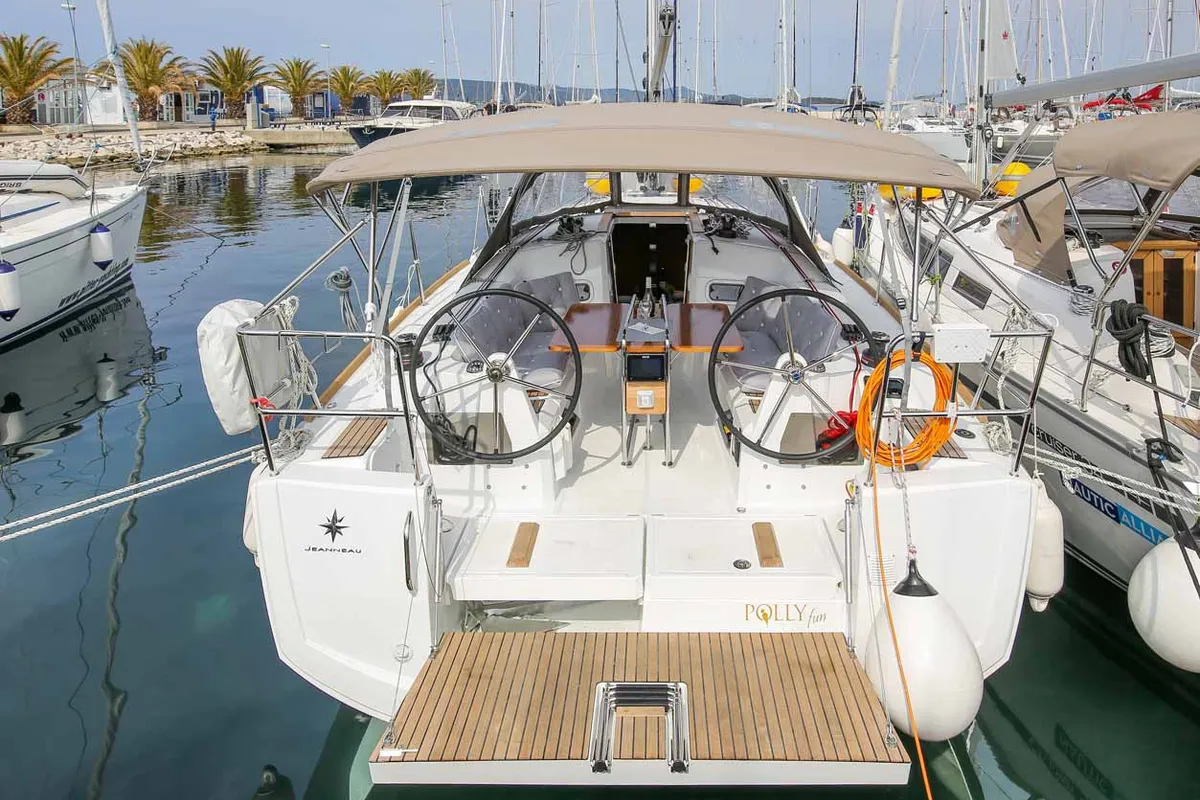 Exterior view of Polly Fun, a Jeanneau Sun Odyssey 349 sailboat at Jezera, Croatia