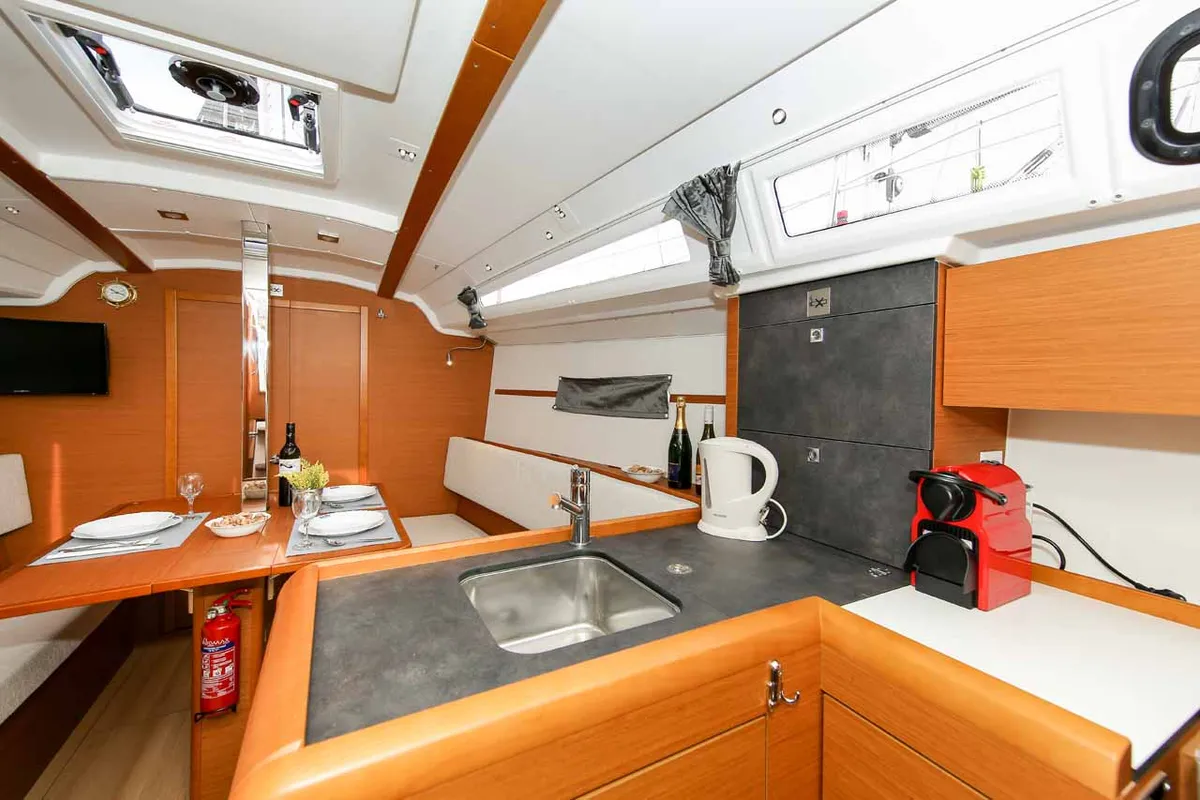 Galley of Polly Fun, a Jeanneau Sun Odyssey 349 sailboat at Jezera, Croatia