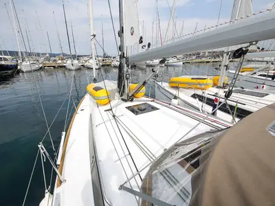 Deck of Polly Fun, a Jeanneau Sun Odyssey 349 sailboat at Jezera, Croatia