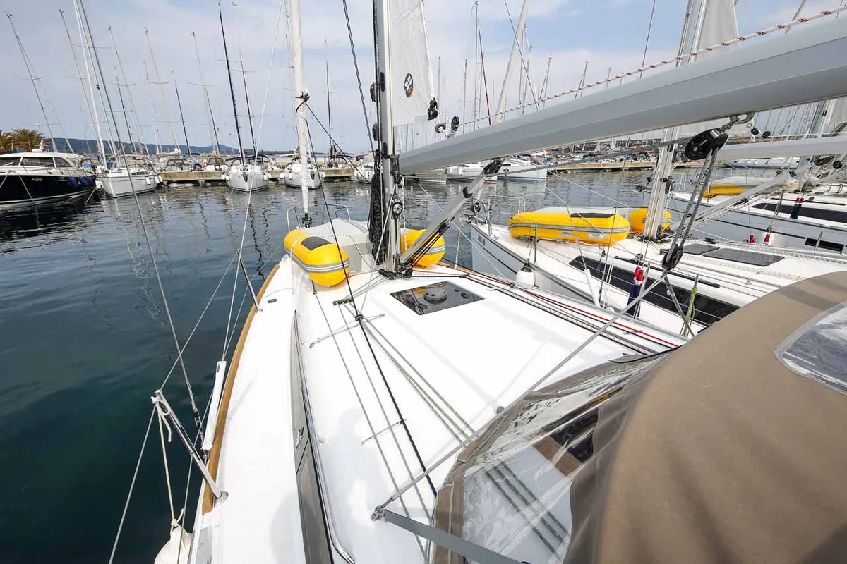 Deck of Polly Fun, a Jeanneau Sun Odyssey 349 sailboat at Jezera, Croatia