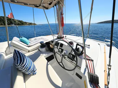 Cockpit of Bisou, a Bali 4.1 catamaran at Grad Šibenik, Croatia