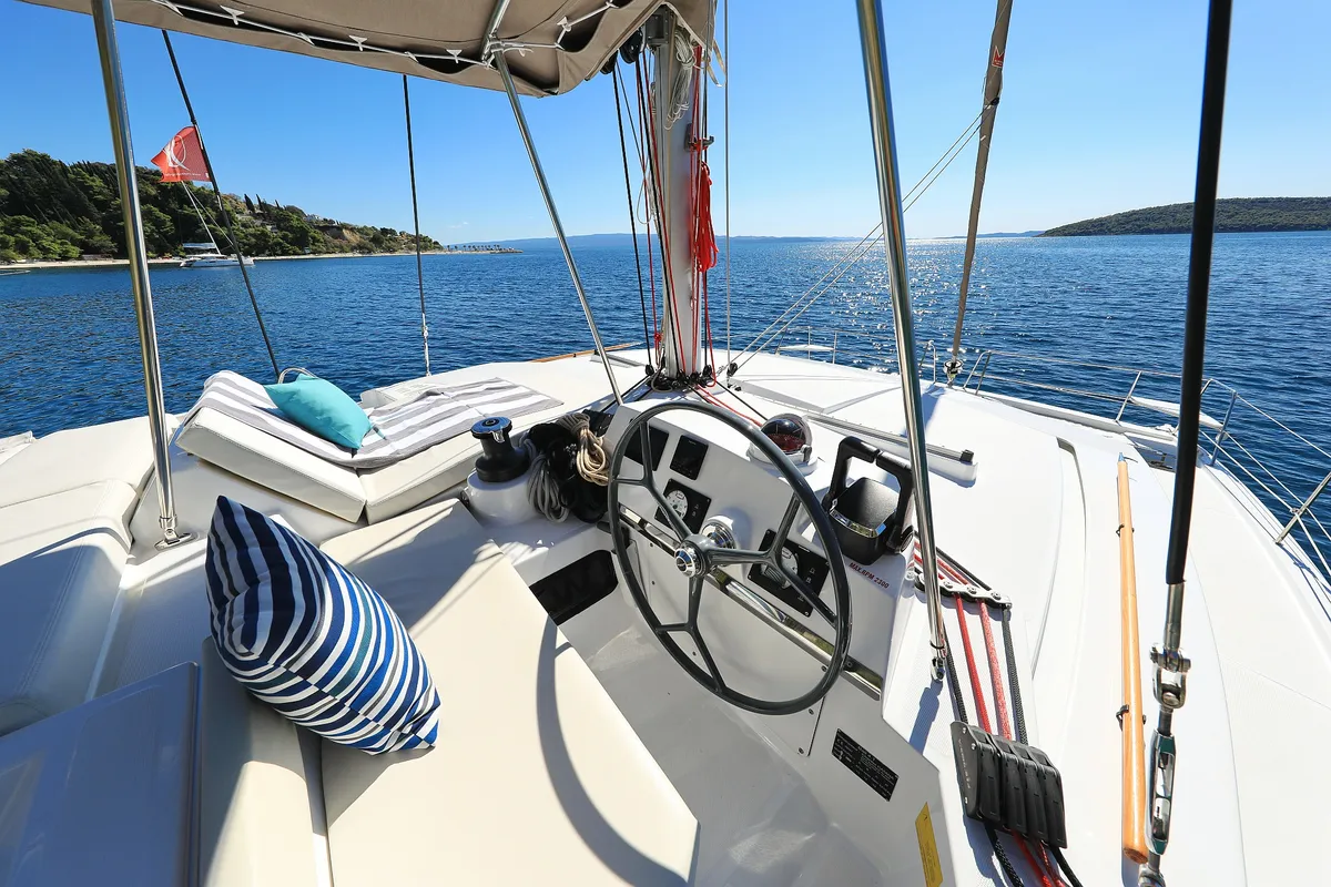 Cockpit of Bisou, a Bali 4.1 catamaran at Grad Šibenik, Croatia