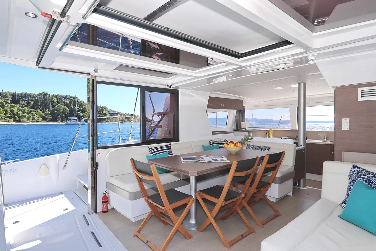 Salon of Bisou, a Bali 4.1 catamaran at Grad Šibenik, Croatia