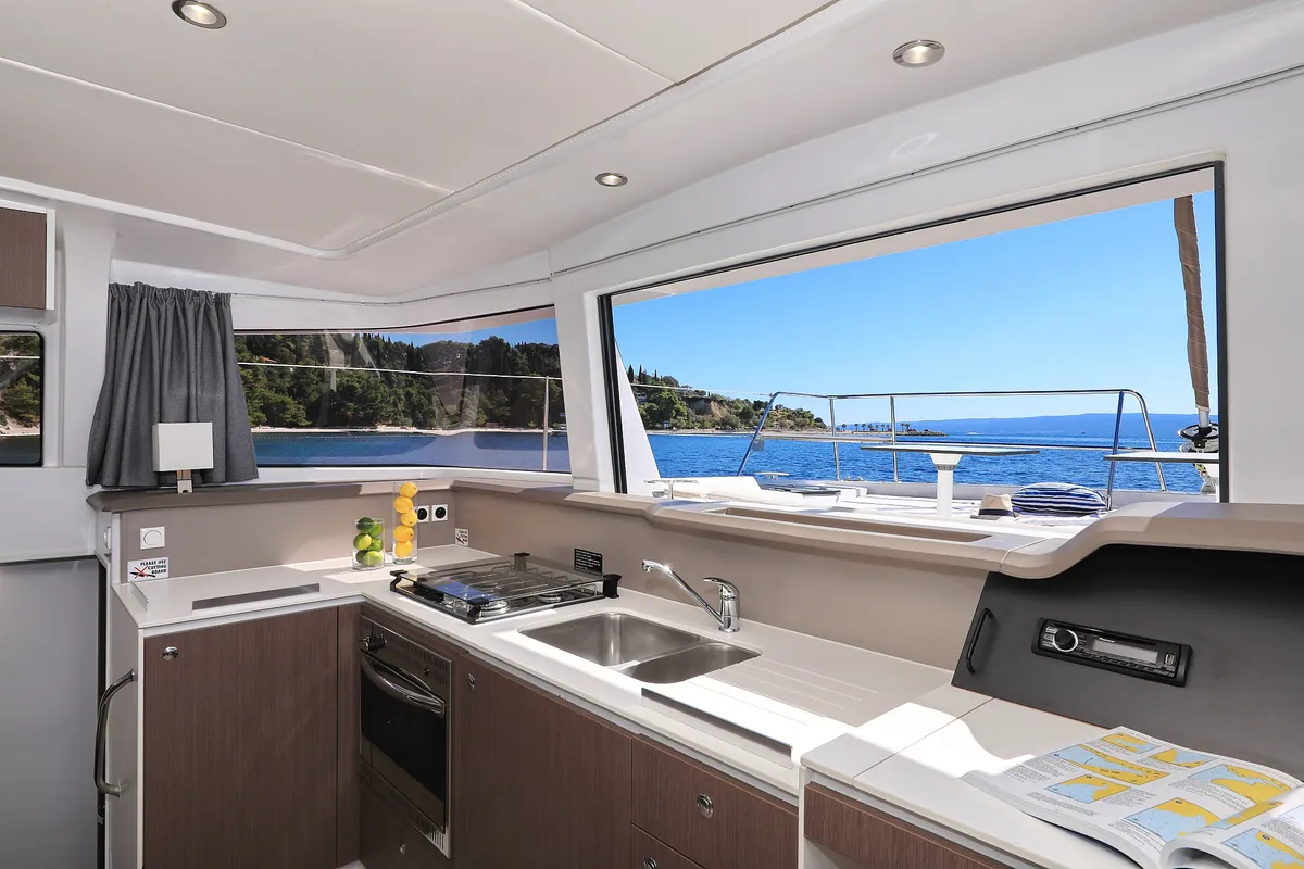 Galley of Bisou, a Bali 4.1 catamaran at Grad Šibenik, Croatia