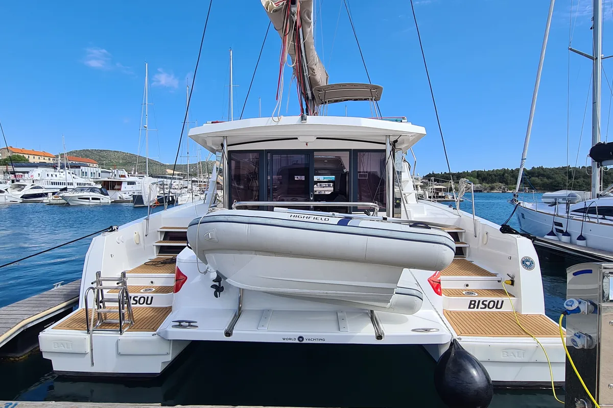 Exterior view of Bisou, a Bali 4.1 catamaran at Grad Šibenik, Croatia
