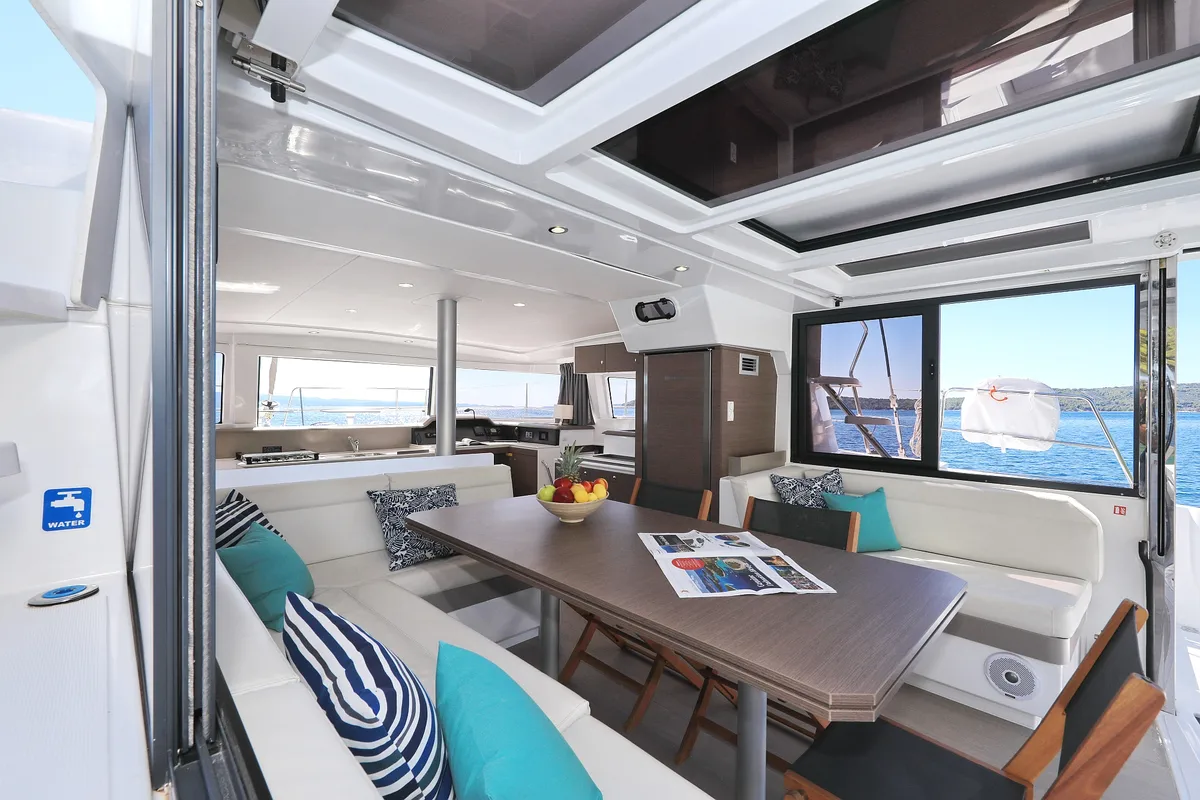 Salon of Bisou, a Bali 4.1 catamaran at Grad Šibenik, Croatia