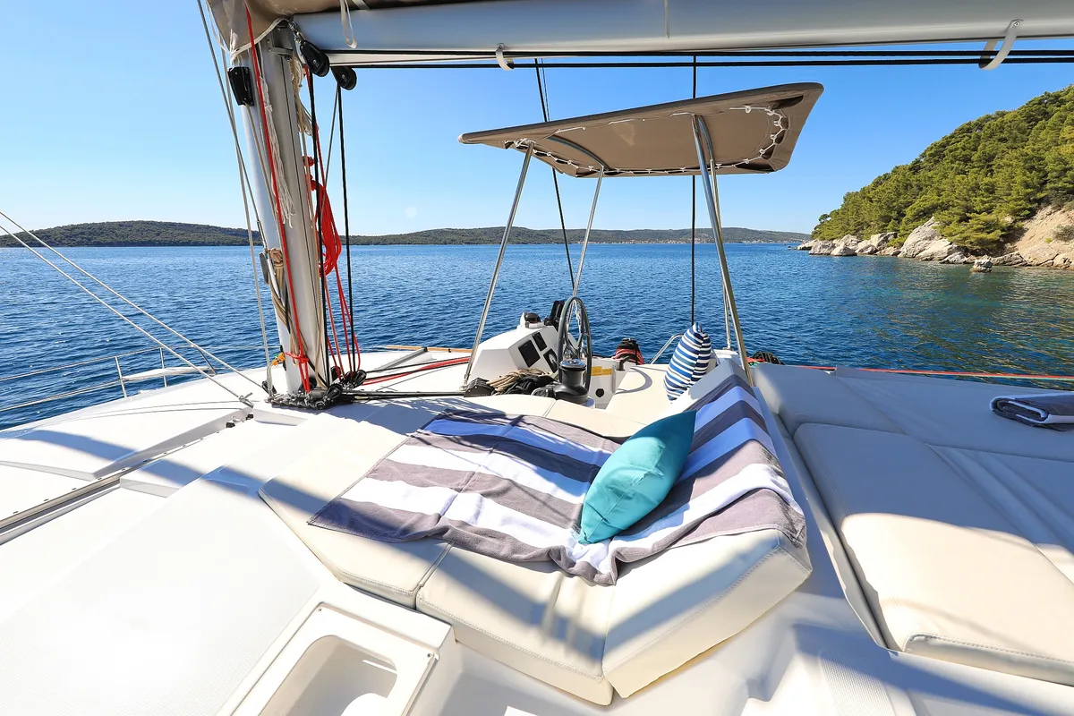 Cockpit of Bisou, a Bali 4.1 catamaran at Grad Šibenik, Croatia