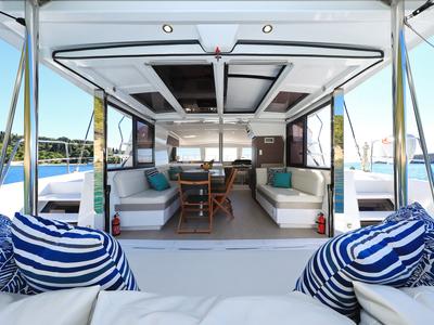Salon of Bisou, a Bali 4.1 catamaran at Grad Šibenik, Croatia