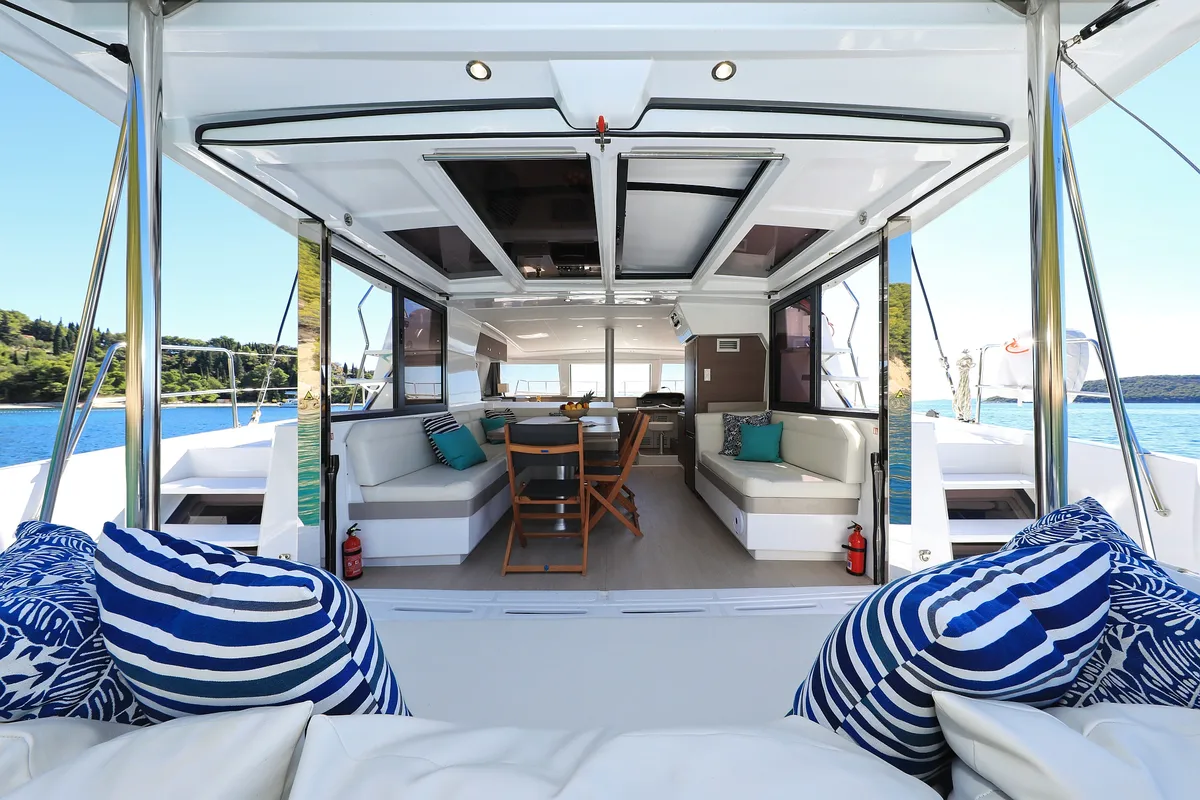 Salon of Bisou, a Bali 4.1 catamaran at Grad Šibenik, Croatia