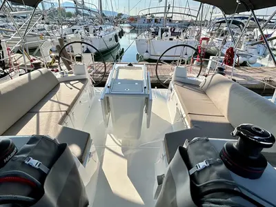 Cockpit of Valkyrie, a Beneteau Oceanis 40.1 sailboat at Kontokali, Greece