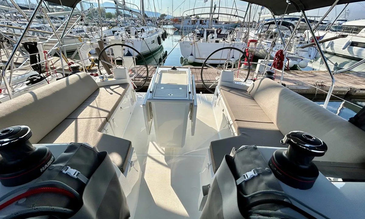 Cockpit of Valkyrie, a Beneteau Oceanis 40.1 sailboat at Kontokali, Greece