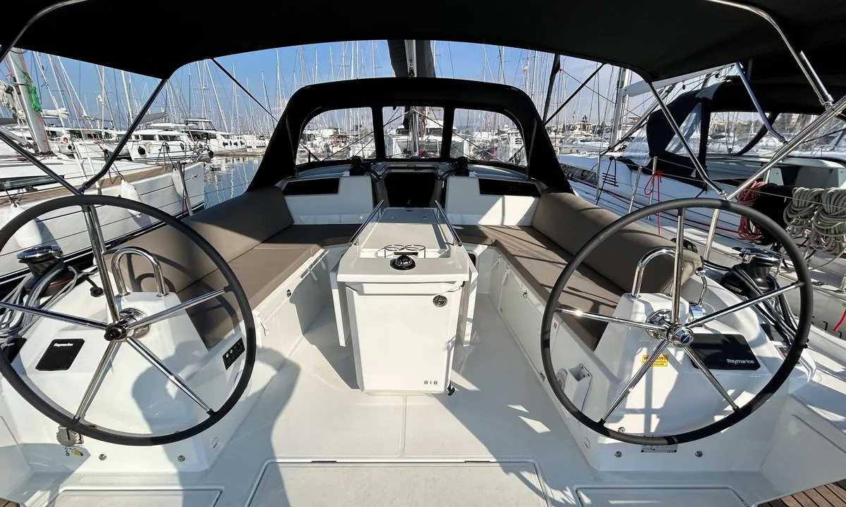 Cockpit of Valkyrie, a Beneteau Oceanis 40.1 sailboat at Kontokali, Greece