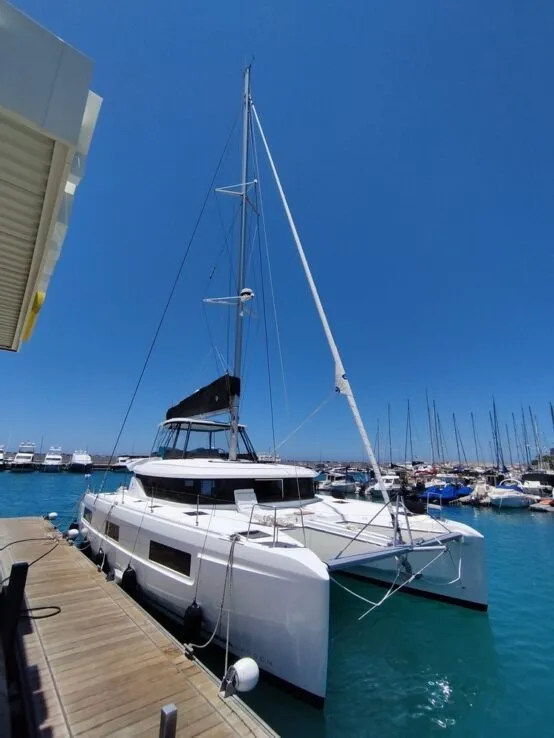 Exterior view of Keep Sailing V, a Lagoon 46 catamaran at Santa Eulària des Riu, Spain