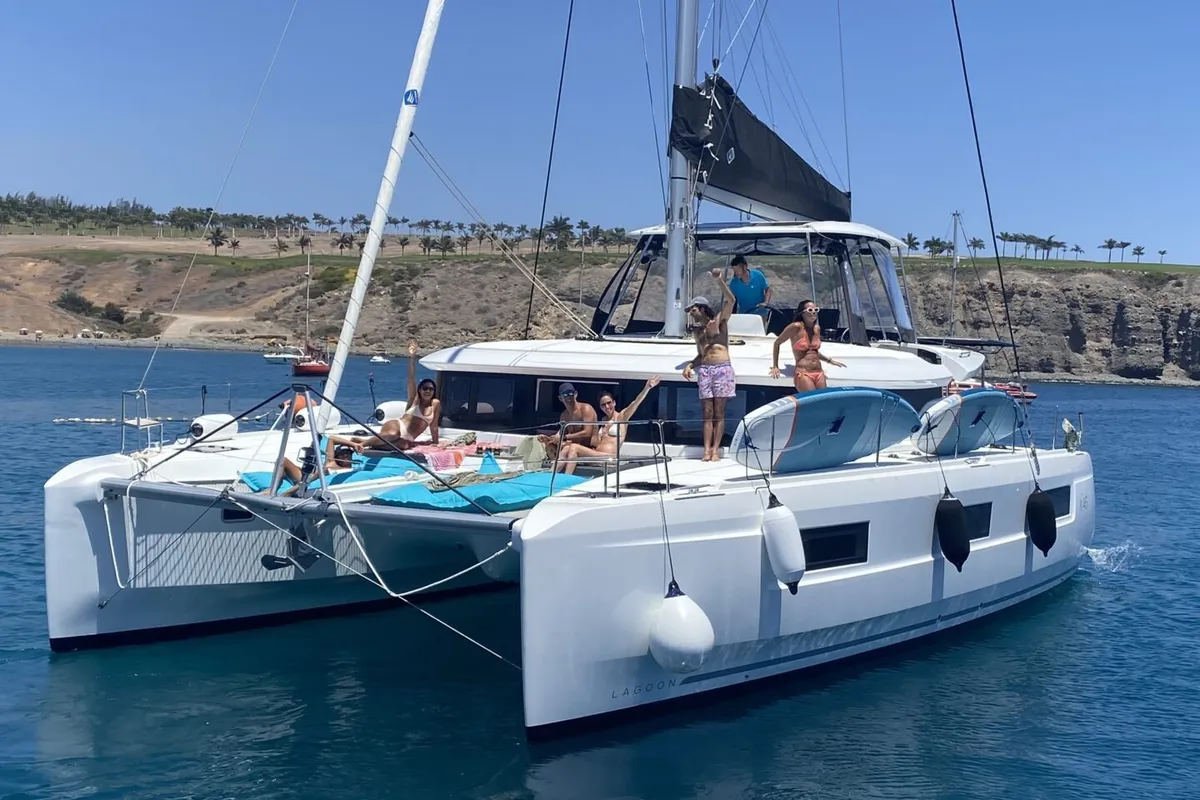 Exterior view of Keep Sailing V, a Lagoon 46 catamaran at Santa Eulària des Riu, Spain