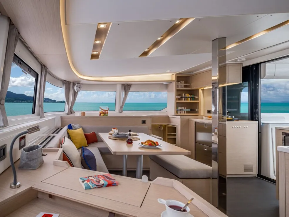 Salon of Keep Sailing V, a Lagoon 46 catamaran at Santa Eulària des Riu, Spain