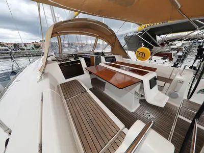 Deck of Phonix II, a Dufour 412 GL sailboat at Grad Biograd na Moru, Croatia