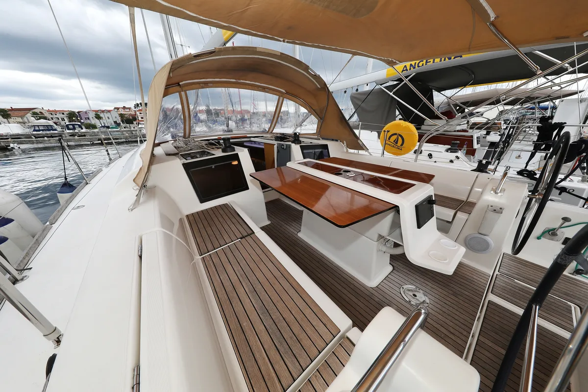 Deck of Phonix II, a Dufour 412 GL sailboat at Grad Biograd na Moru, Croatia