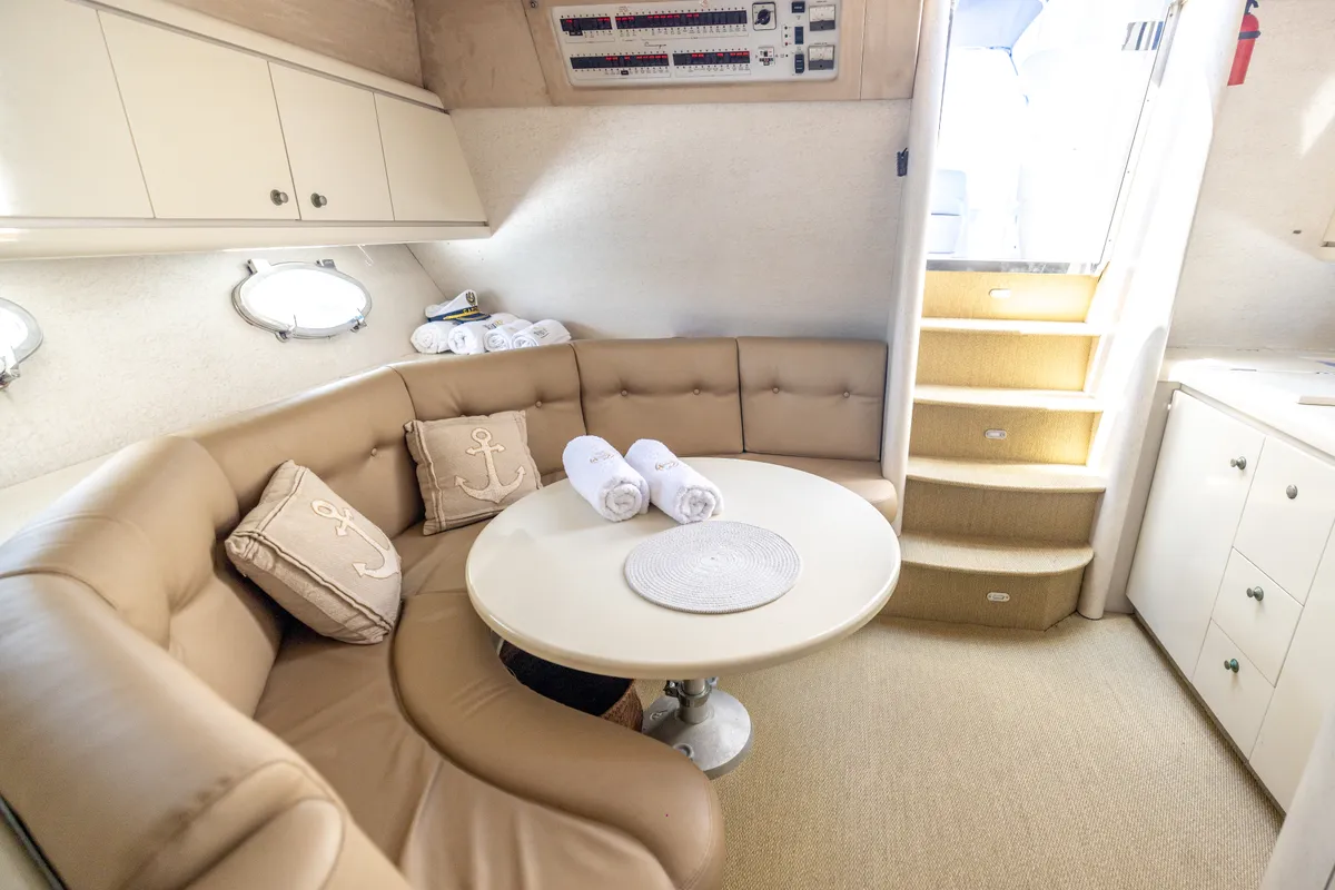 Salon of Sunseeker Camargue 46, a motorboat at Ibiza, Spain