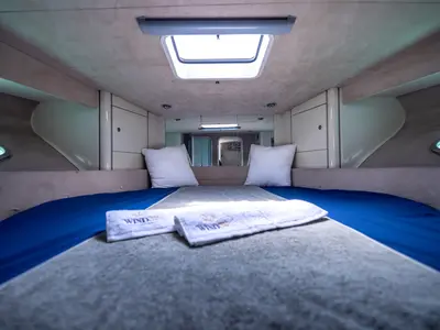Cabin on Sunseeker Camargue 46, a motorboat at Ibiza, Spain