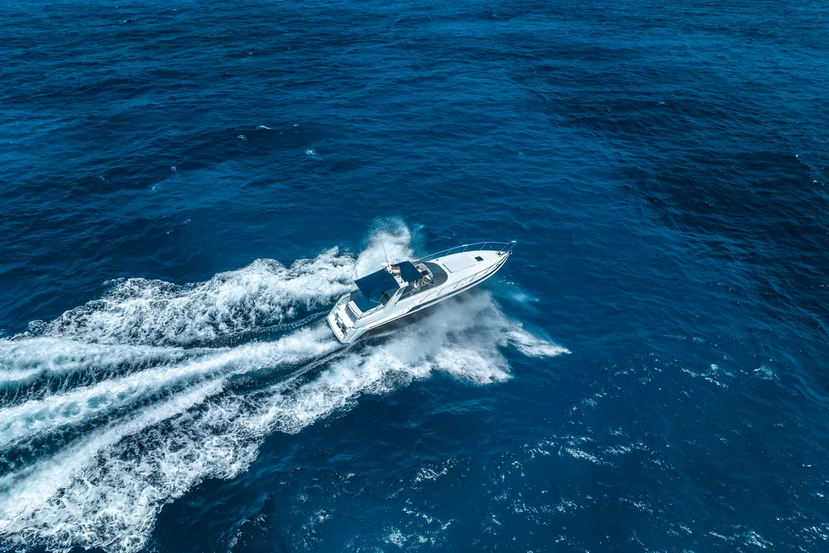 Exterior view of Sunseeker Camargue 46, a motorboat at Ibiza, Spain