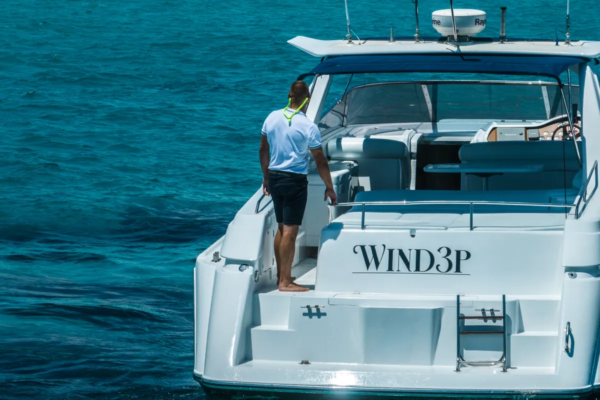 Deck of Sunseeker Camargue 46, a motorboat at Ibiza, Spain