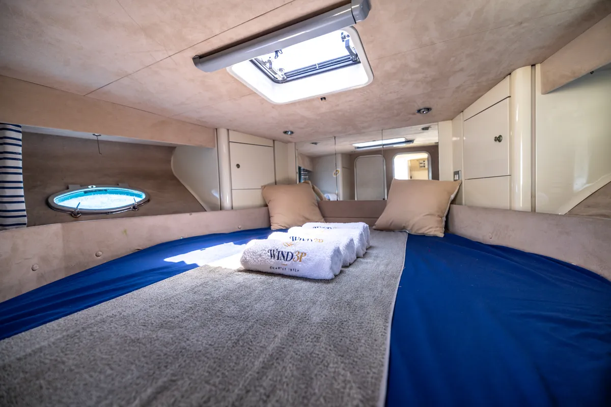 Cabin on Sunseeker Camargue 46, a motorboat at Ibiza, Spain