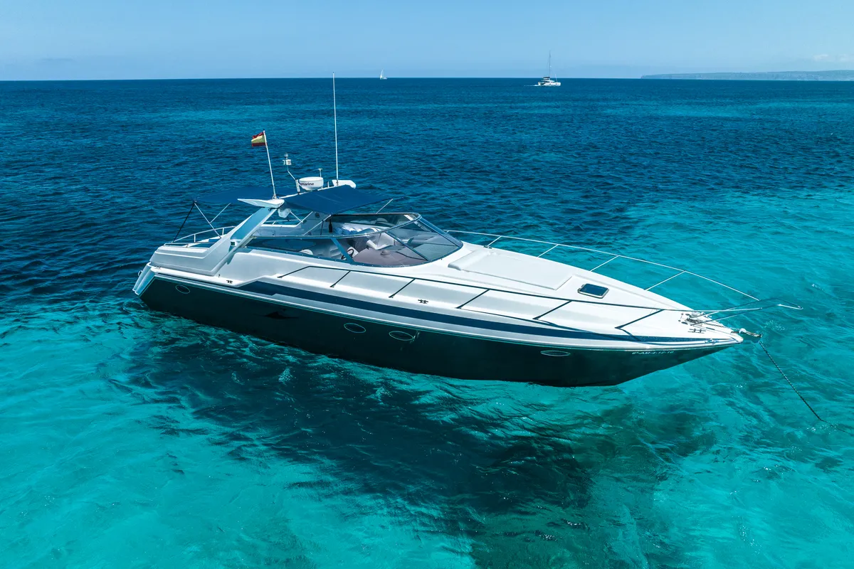Exterior view of Sunseeker Camargue 46, a motorboat at Ibiza, Spain
