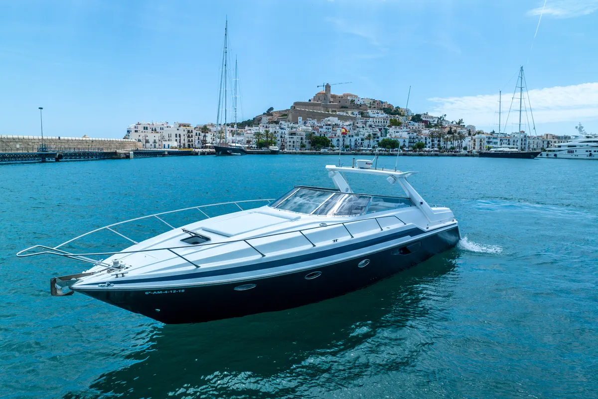Exterior view of Sunseeker Camargue 46, a motorboat at Ibiza, Spain