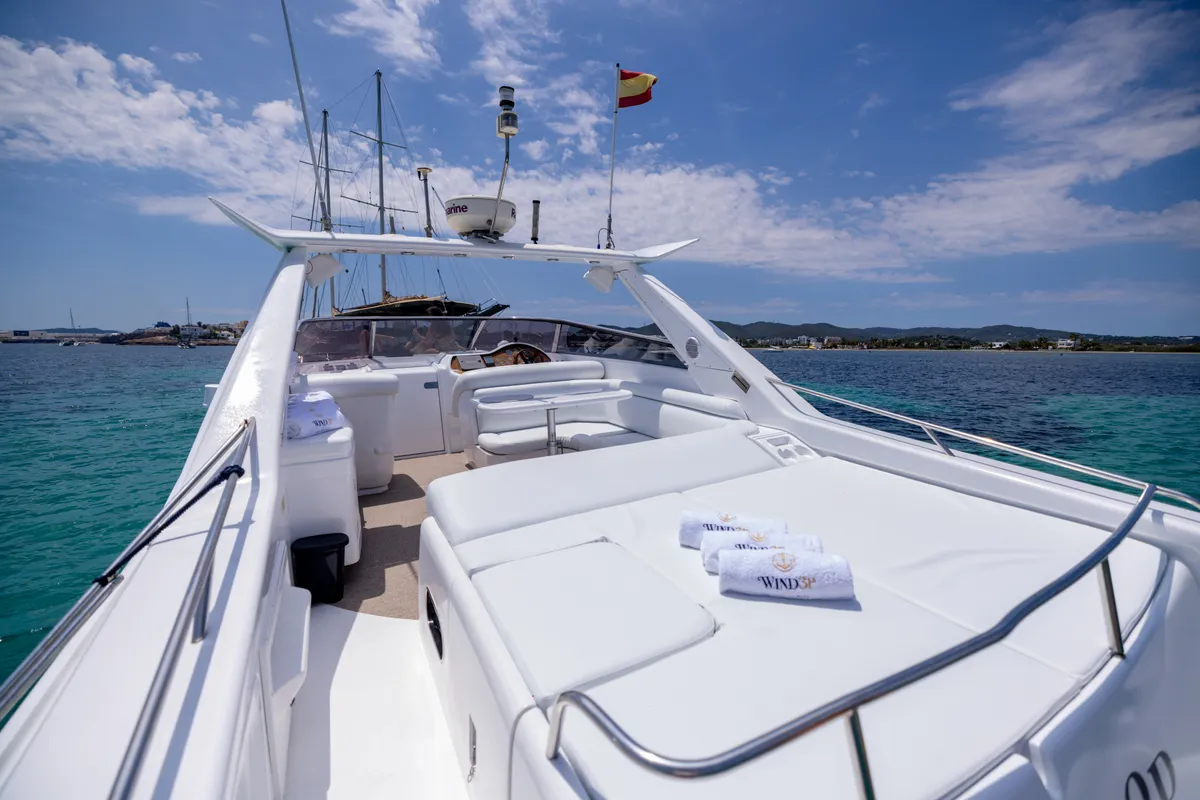Deck of Sunseeker Camargue 46, a motorboat at Ibiza, Spain