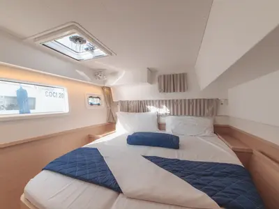 Cabin on Archè III, a Lagoon 42 catamaran at Olbia, Italy