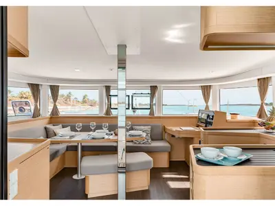 Salon of Archè III, a Lagoon 42 catamaran at Olbia, Italy