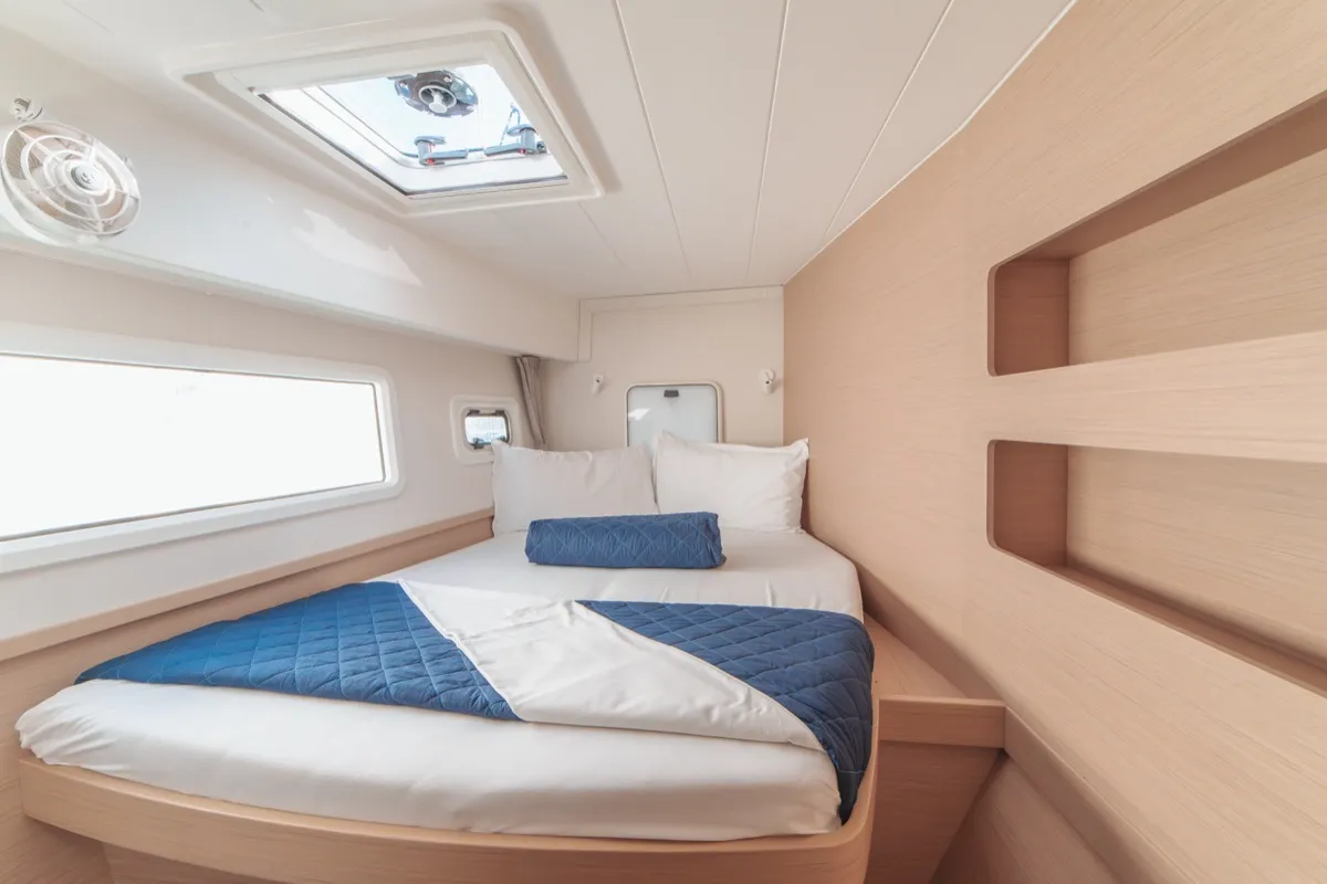Cabin on Archè III, a Lagoon 42 catamaran at Olbia, Italy