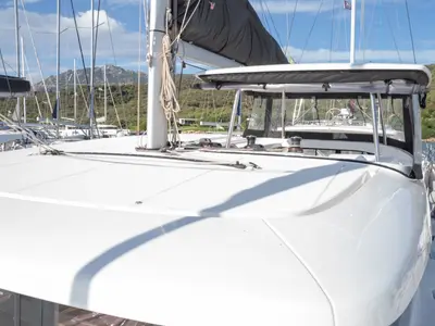 Deck of Archè III, a Lagoon 42 catamaran at Olbia, Italy